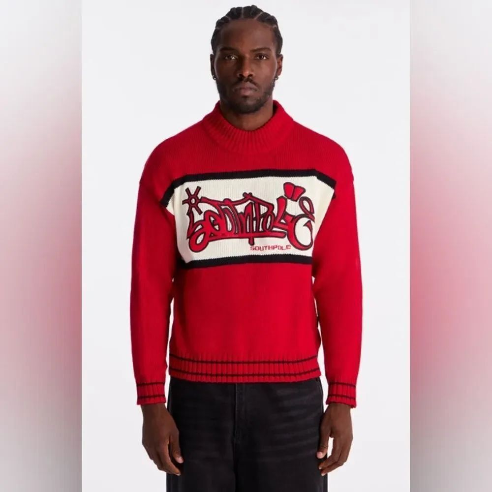 Southpole 🎁 Turtleneck Pullover Sweater Red, White & Black